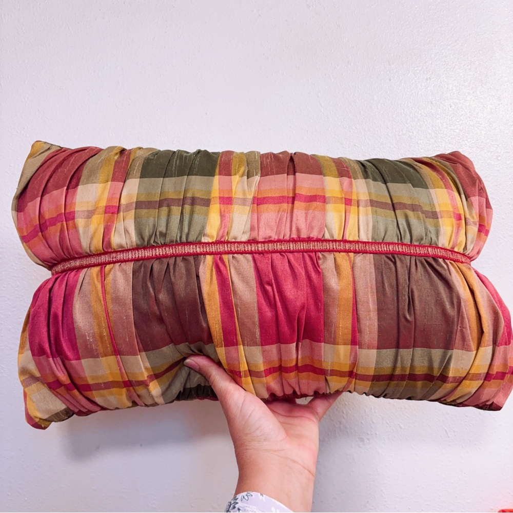 Raymond Waites Raw Silk Pillow Plaid Shirred Puckered Decorative 18”X10”
